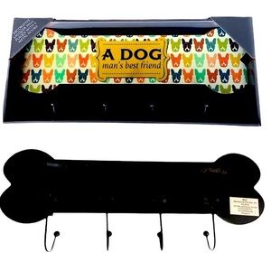 Dog Leash Rack Holder Bone Shape Wall Hook Plaque Lacquered 4 Hook Multi Purpose